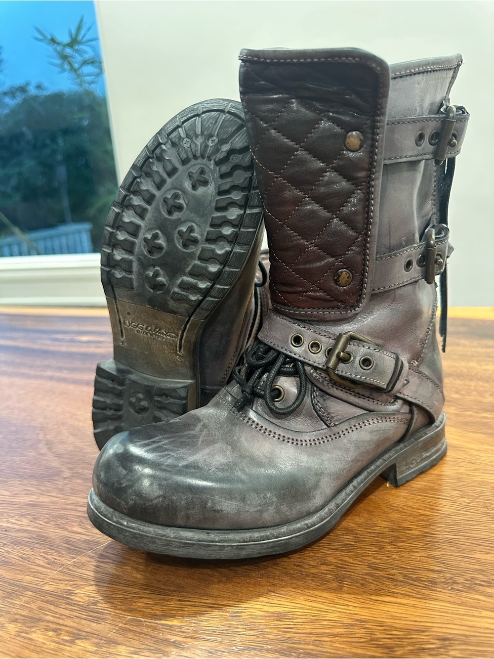 UGG Collection Savona Quilted Moto Gray/Brown Leather Combat Boots Sz 5.5 Italy